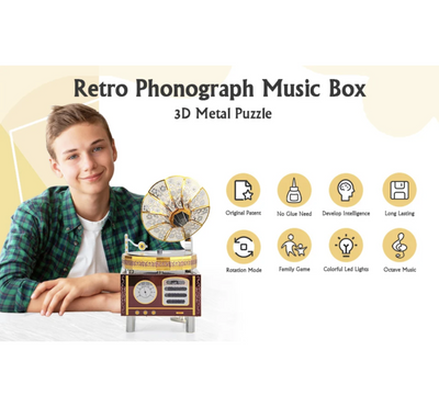 Retro Phonograph Music Box Metal Model Kit – 3D Laser-Cut DIY Puzzle with Movement & Lights