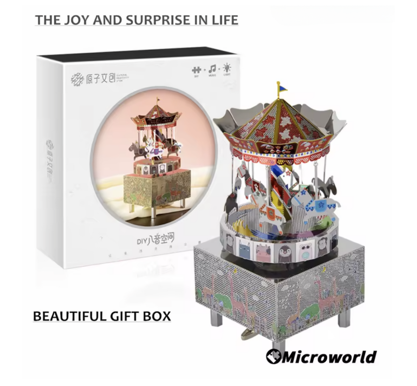 3D Metal Puzzle Carousel Music Box Kit - DIY Merry-Go-Round Model - Laser Cut Stainless Steel Mechanical Puzzle Gift for Adults & Kids