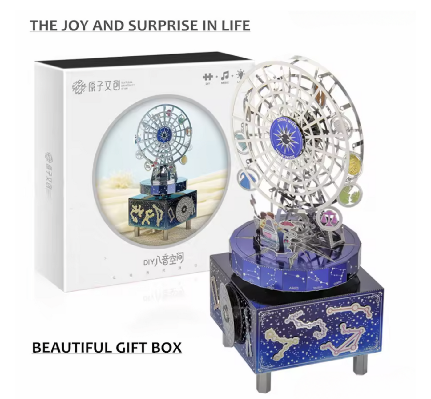 DIY Zodiac Ferris Wheel Music Box | Stainless Steel 3D Puzzle Kit | Mechanical Model with “Castle in the Sky” Melody | Unique Astrology Gift