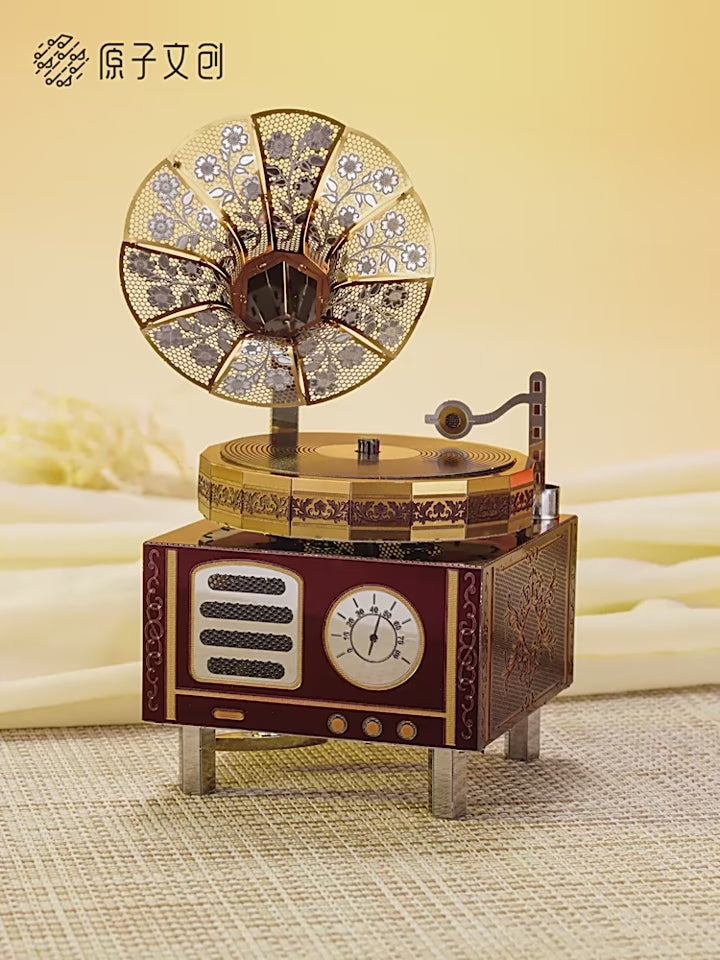 Retro Phonograph Music Box Metal Model Kit – 3D Laser-Cut DIY Puzzle with Movement & Lights
